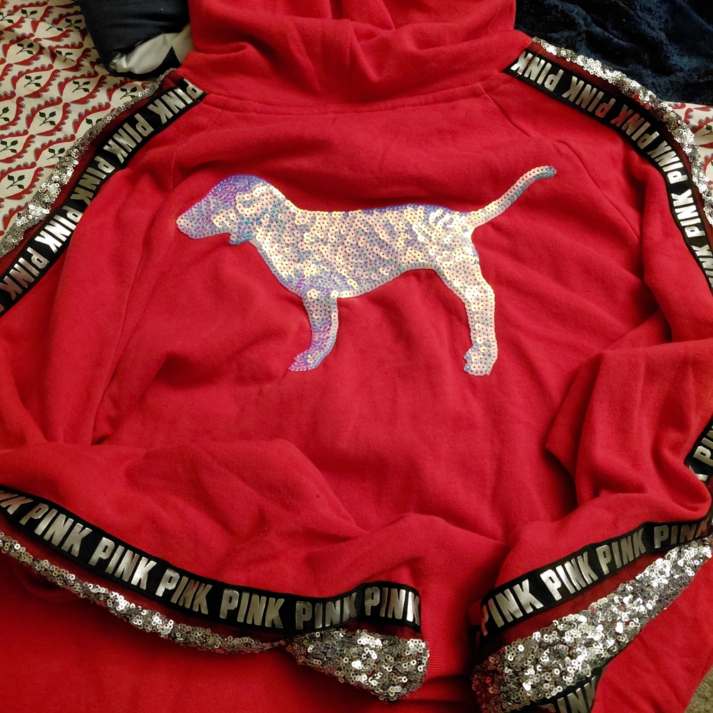 PINK Victoria's Secret Red Hoodie with Sequin Dog